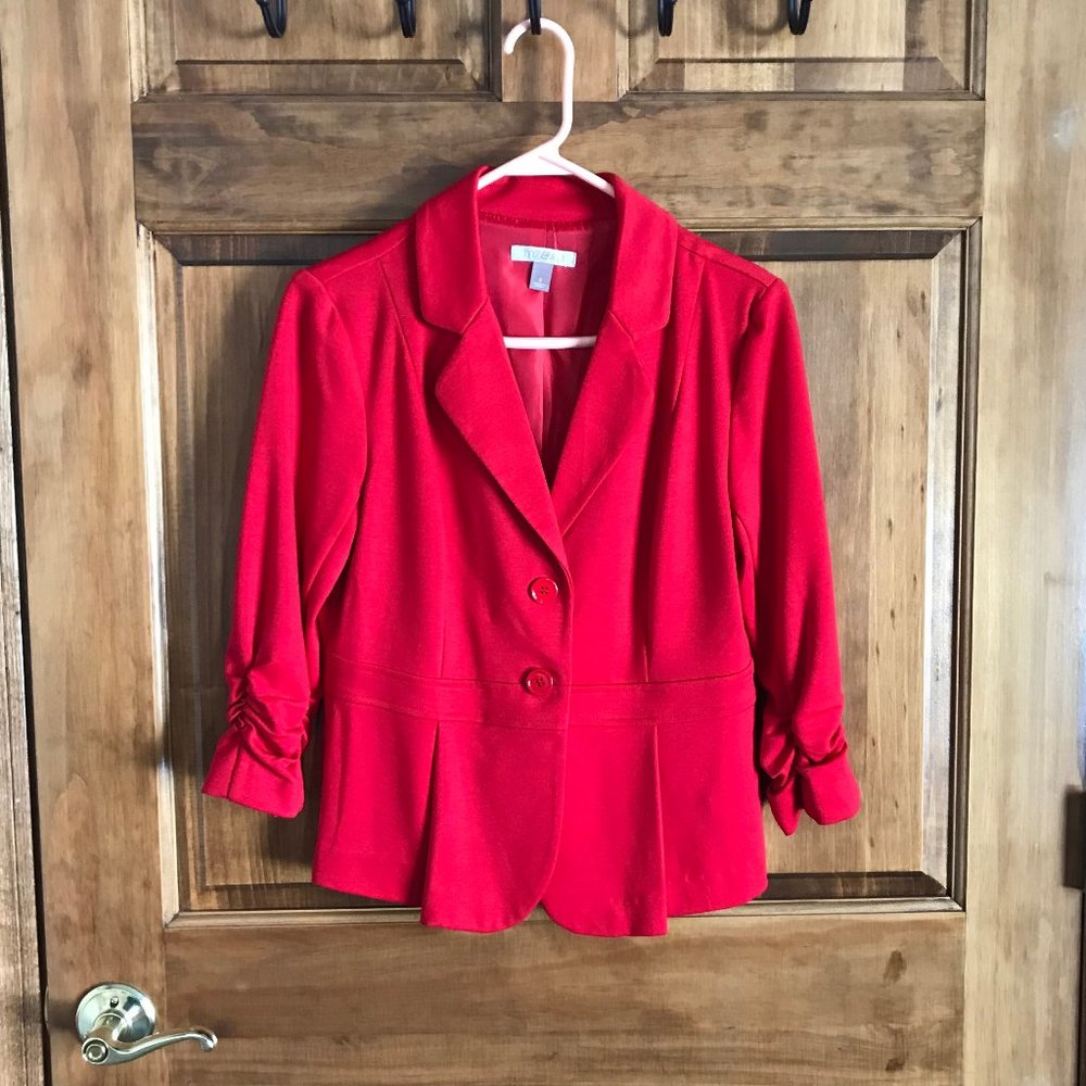 ROZ & ALI RED WOMEN'S JACKET, BLAZER 3/4 SCRUNCH SLEEVES, SMALL, EUC